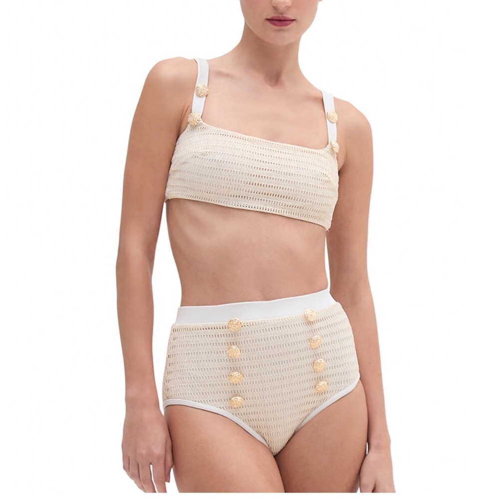 PatBO Metallic Ribbed Knit Bikini Top Off White Gold Button XS